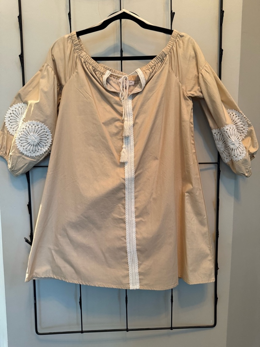 NWOT Love Riche Beige Mini Dress with White Crochet Trim